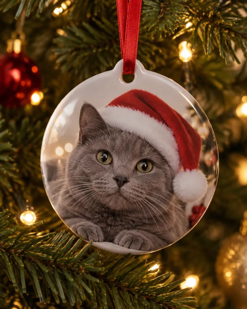 Santa grey cat design on a ornament